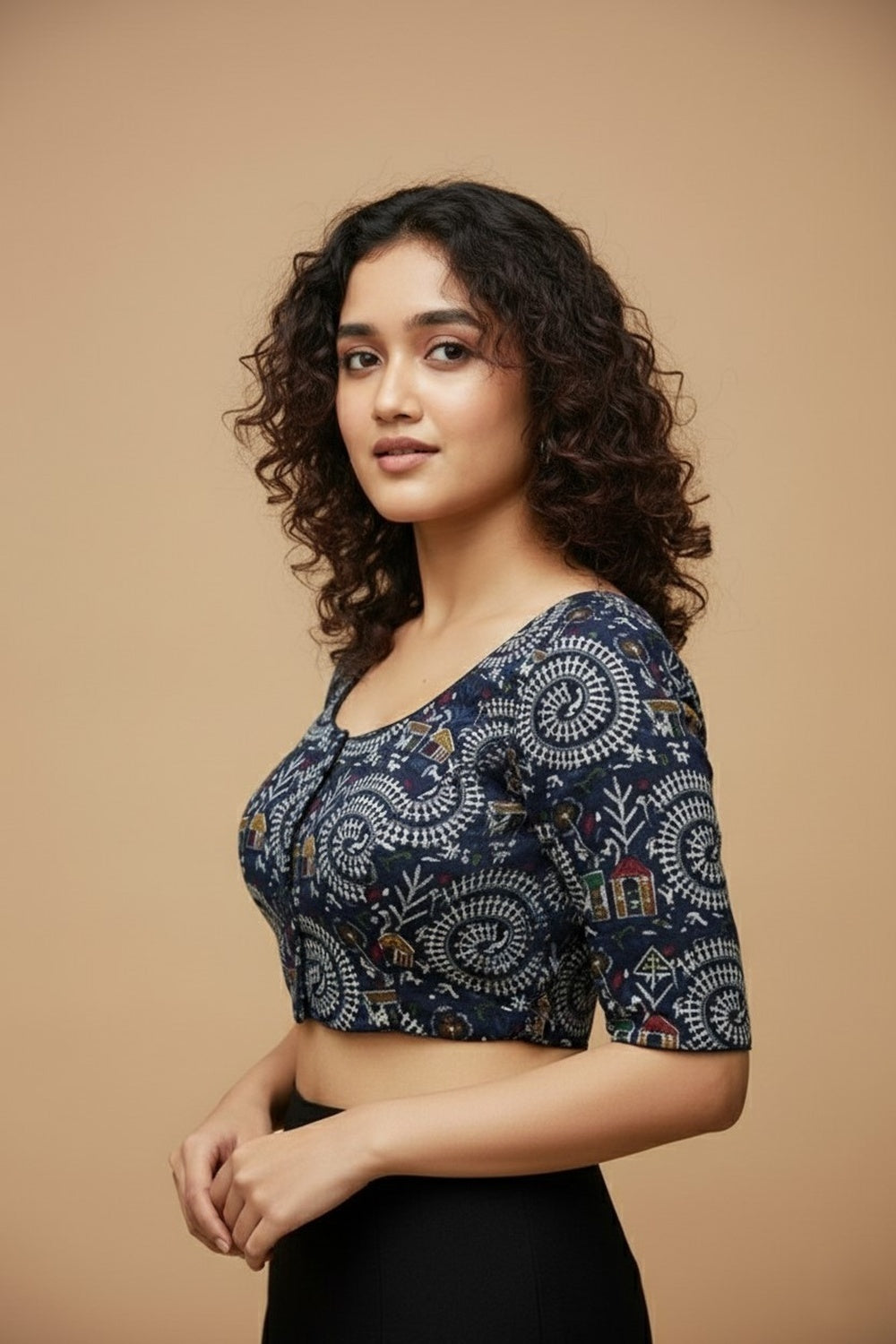 Women's Blouse Padded Cotton Blend Front Open Saree Blouse with Round Neck Princess Cut and Elbow Sleeves - Navy Blue - 1623