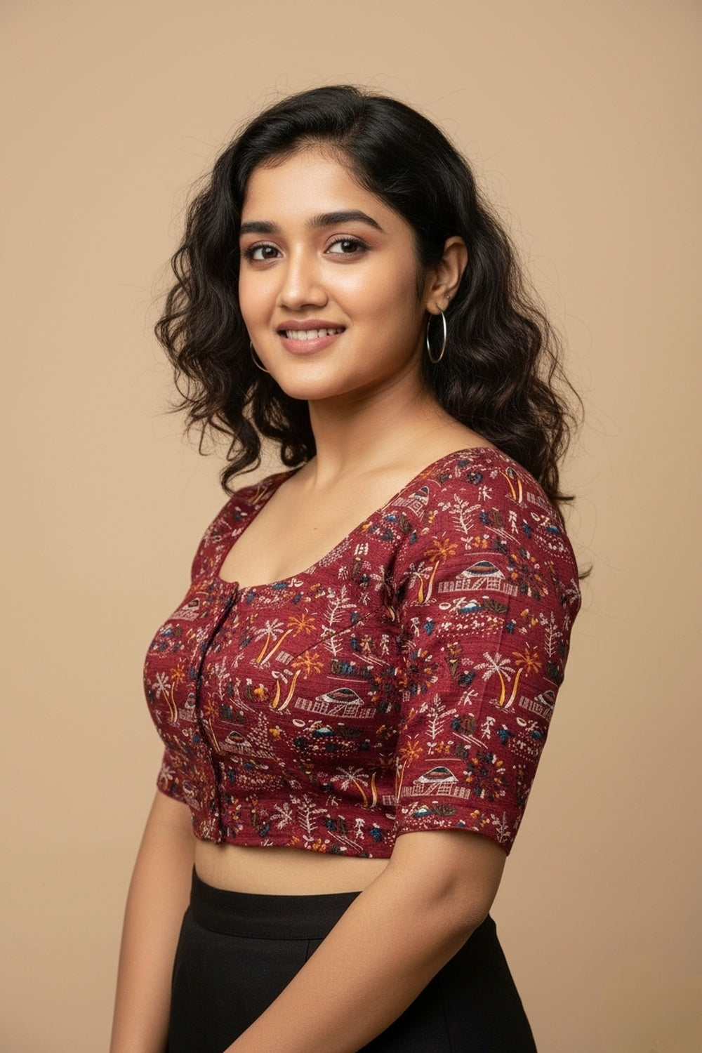 Women's Blouse Padded Cotton Blend Front Open Round Neck Princess Cut Elbow Sleeve Saree Blouse - Maroon - 1623