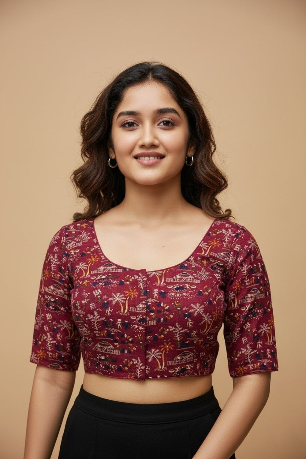 Women's Blouse Padded Cotton Blend Front Open Round Neck Princess Cut Elbow Sleeve Saree Blouse - Rani - 1623