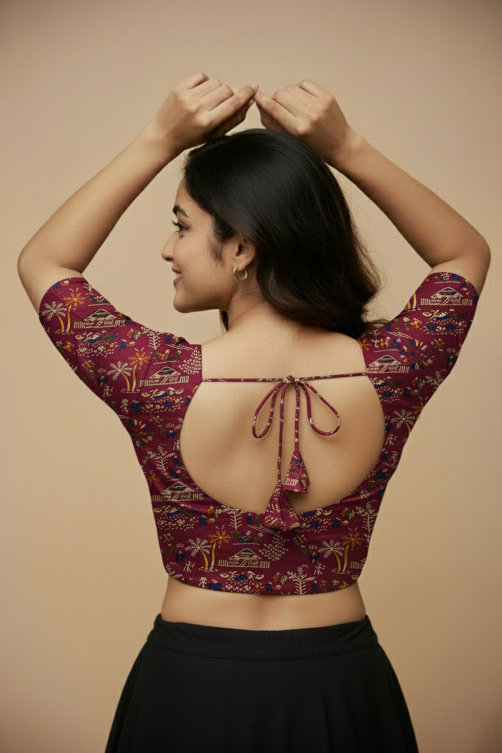 Women's Blouse Padded Cotton Blend Front Open Round Neck Princess Cut Elbow Sleeve Saree Blouse - Rani - 1623