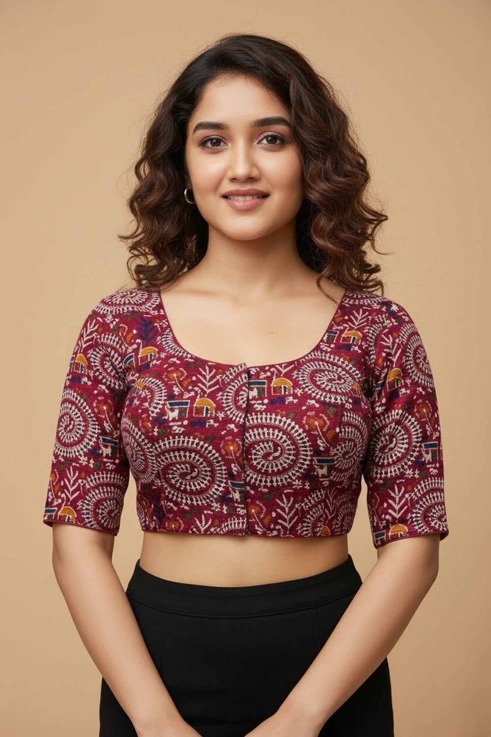 Women's Blouse Padded Cotton Blend Front Open Saree Blouse with Round Neck Princess Cut and Elbow Sleeves - Rani - 1623