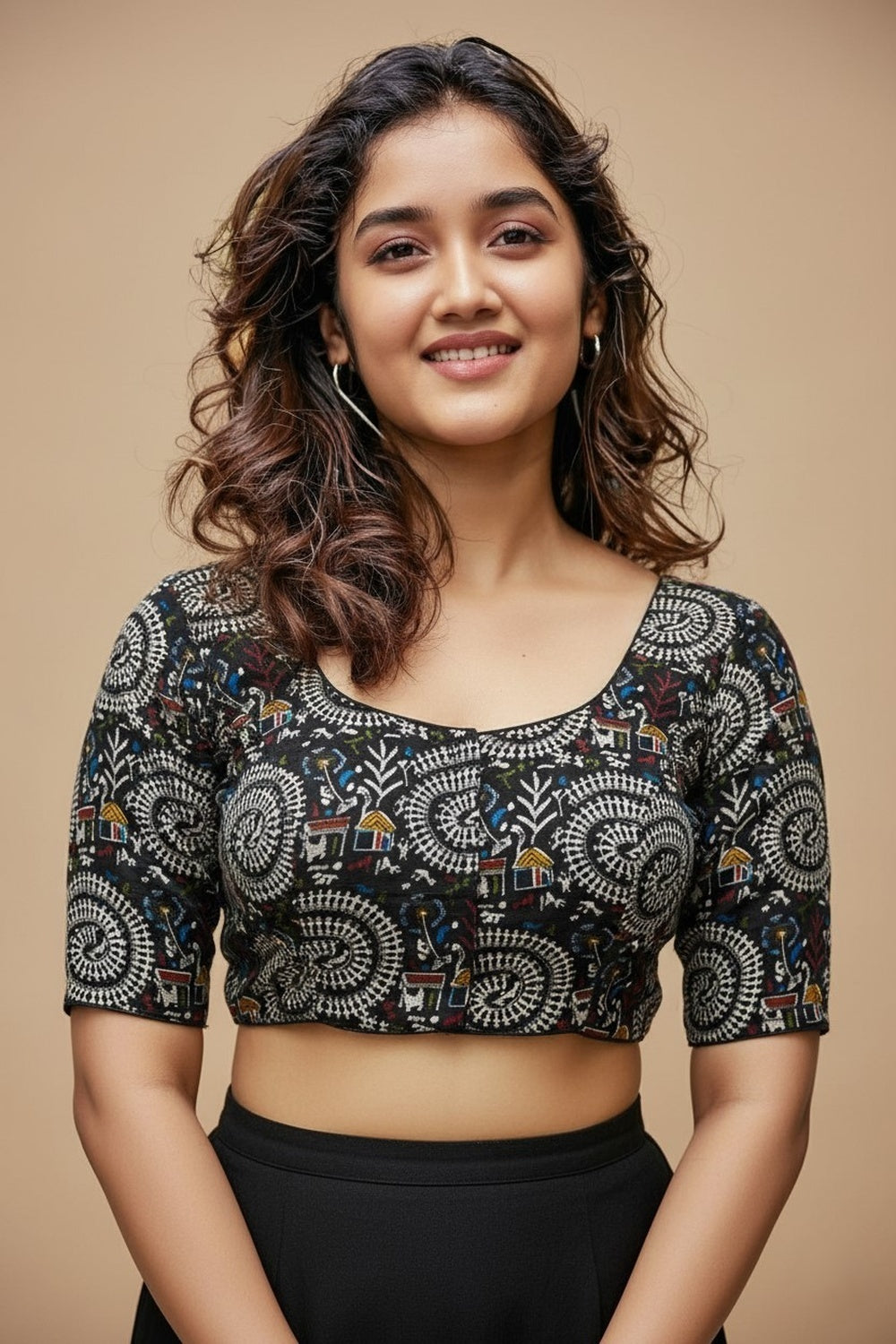 Women's Blouse Padded Cotton Blend Front Open Saree Blouse with Round Neck Princess Cut and Elbow Sleeves - Black - 1623