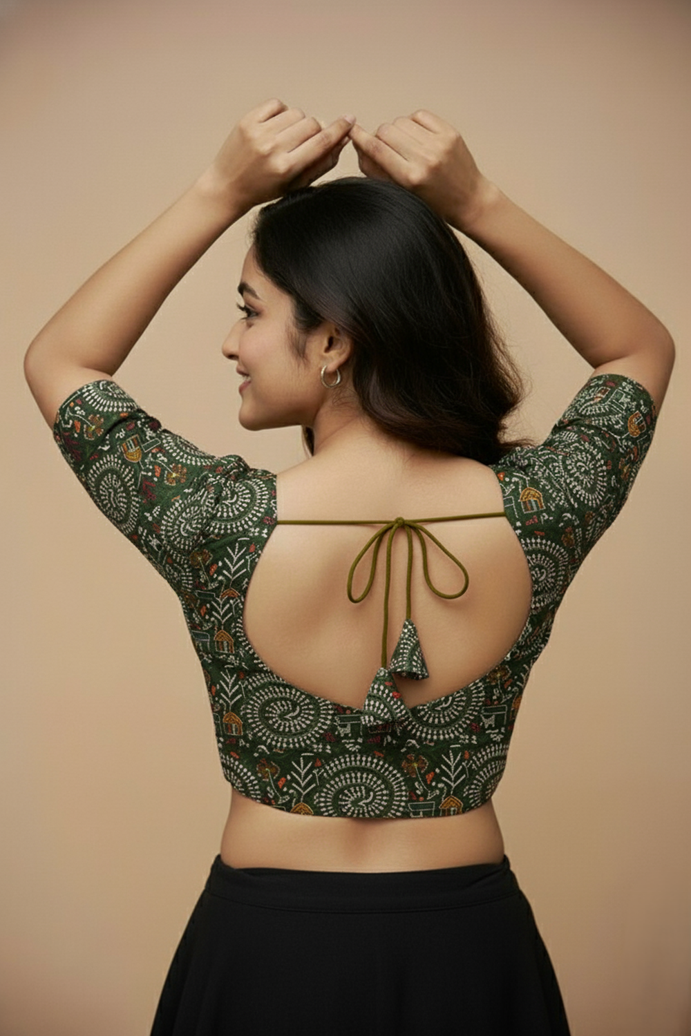 Women's Blouse Padded Cotton Blend Front Open Saree Blouse with Round Neck Princess Cut and Elbow Sleeves - Mehandi - 1623