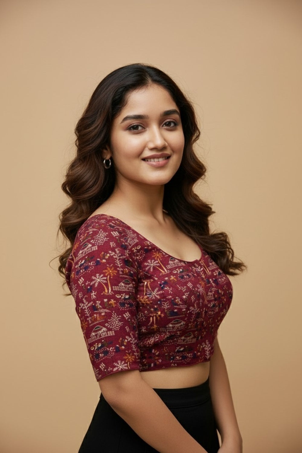 Women's Blouse Padded Cotton Blend Front Open Round Neck Princess Cut Elbow Sleeve Saree Blouse - Rani - 1623