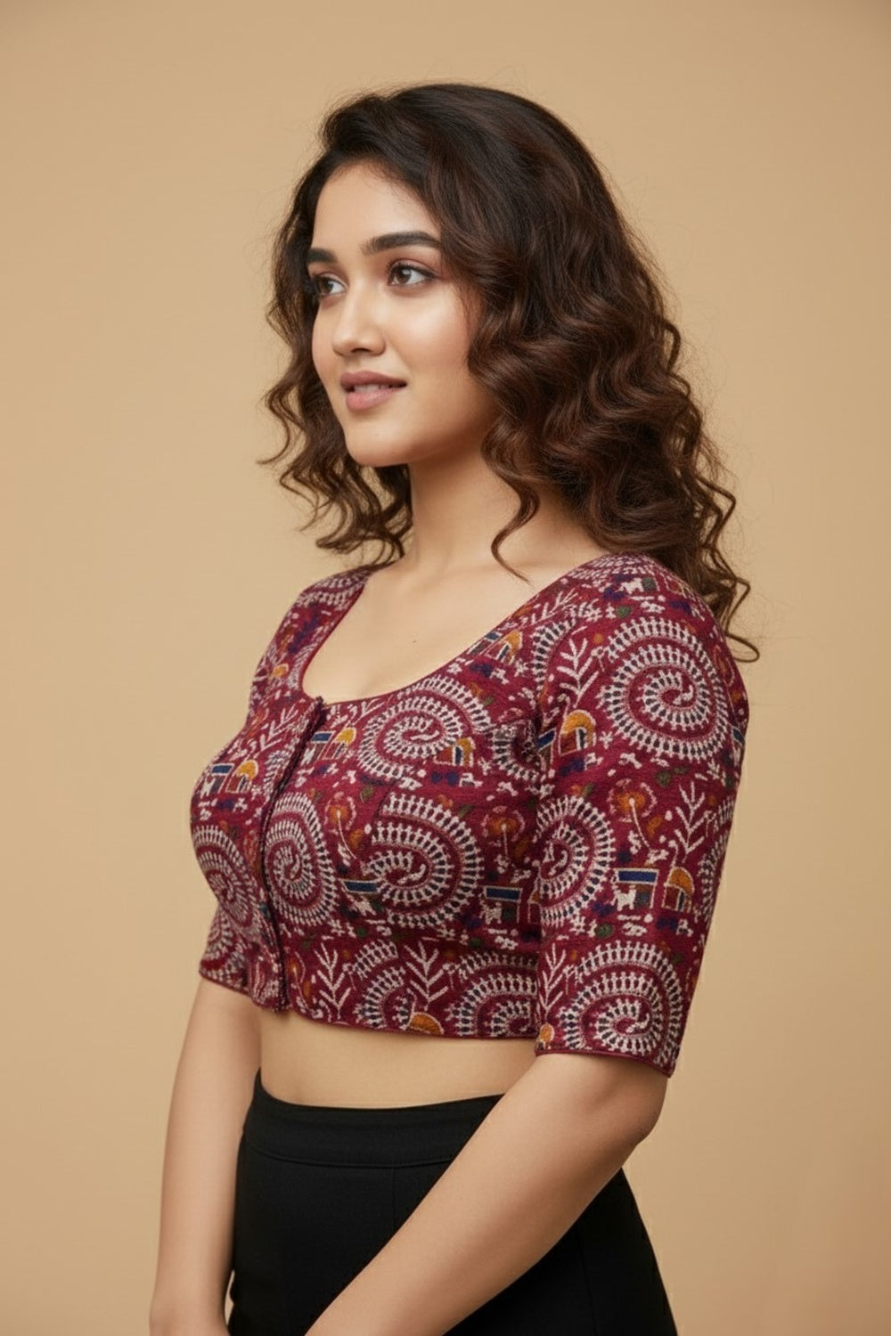 Women's Blouse Padded Cotton Blend Front Open Saree Blouse with Round Neck Princess Cut and Elbow Sleeves - Rani - 1623