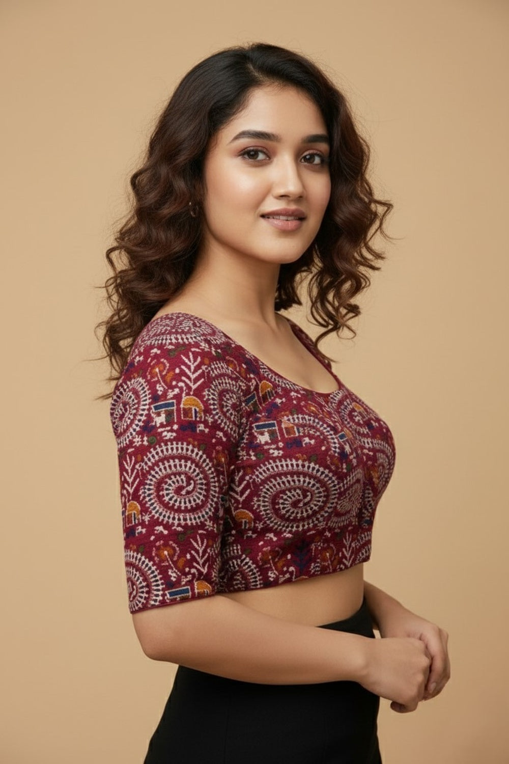 Women's Blouse Padded Cotton Blend Front Open Saree Blouse with Round Neck Princess Cut and Elbow Sleeves - Rani - 1623