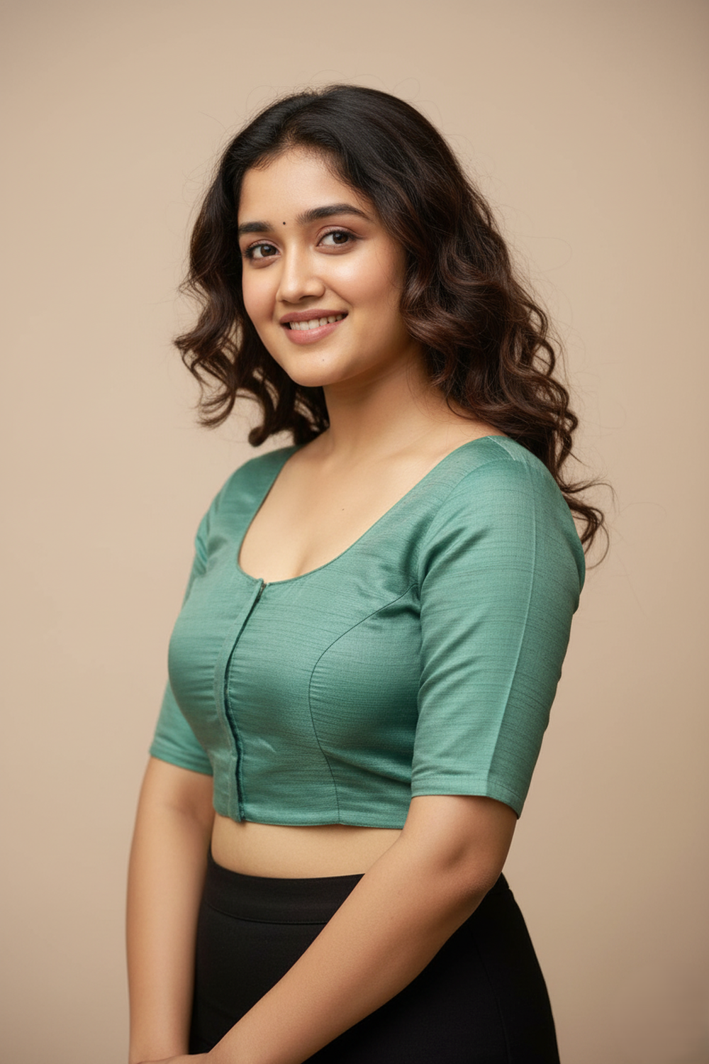 Women's Blouse Raw Silk Padded Front Open Round Neck Princess Cut Elbow Sleeve Saree Blouse with Round Back - Pista - R124