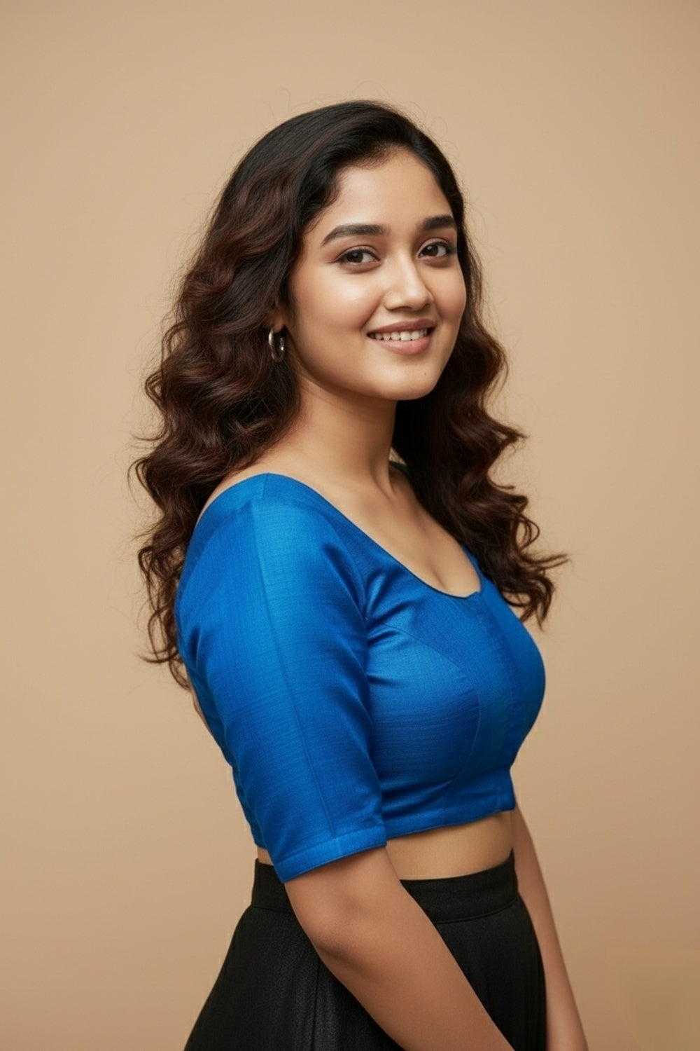 Women's Blouse Raw Silk Padded Front Open Round Neck Princess Cut Elbow Sleeve Saree Blouse with Round Back - Ananda Blue - R124