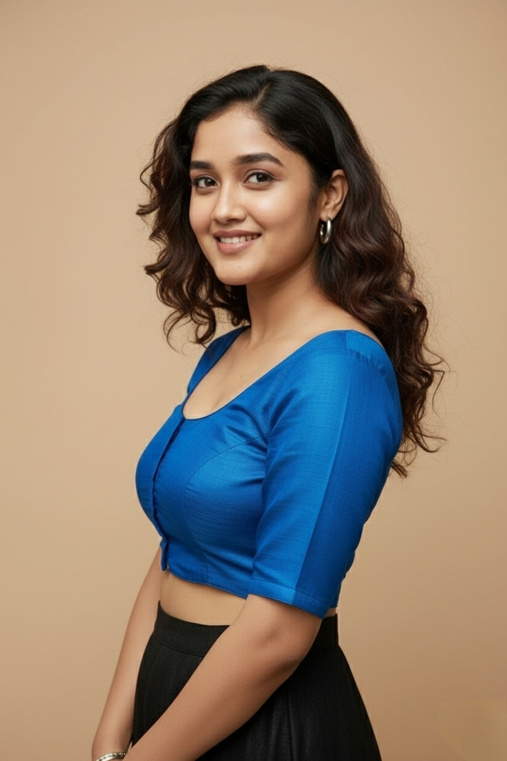 Women's Blouse Raw Silk Padded Front Open Round Neck Princess Cut Elbow Sleeve Saree Blouse with Round Back - Ananda Blue - R124