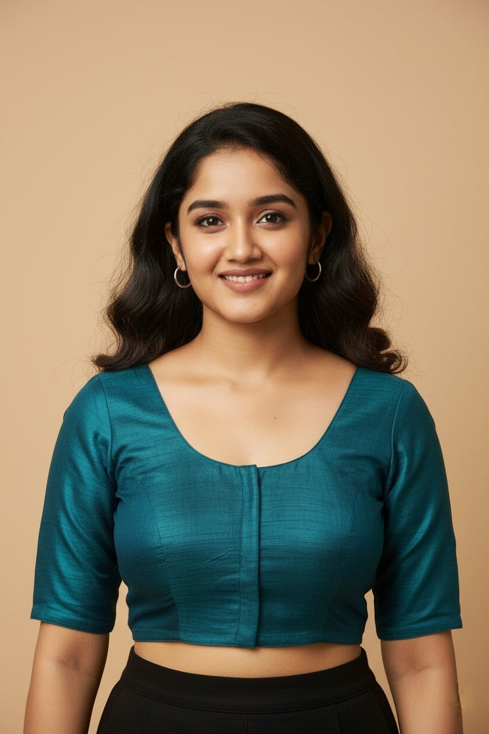 Women's Blouse Raw Silk Padded Front Open Round Neck Princess Cut Elbow Sleeve Saree Blouse with Round Back - Rama Green - R124