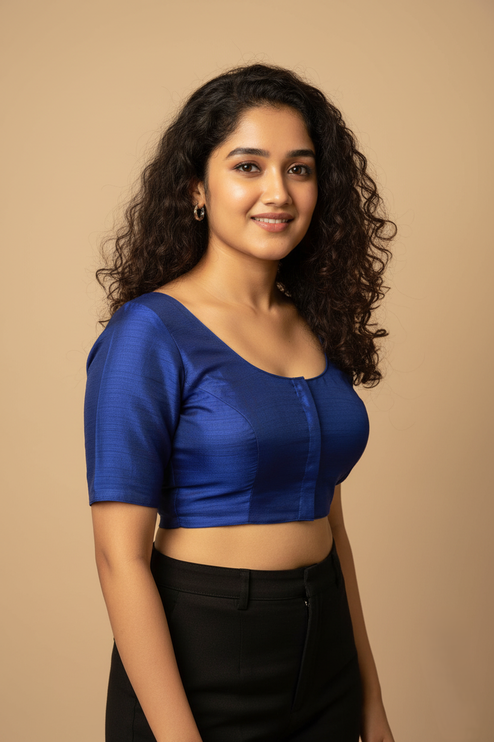 Women's Blouse Raw Silk Padded Front Open Round Neck Princess Cut Elbow Sleeve Saree Blouse with Round Back - Royal Blue - R124