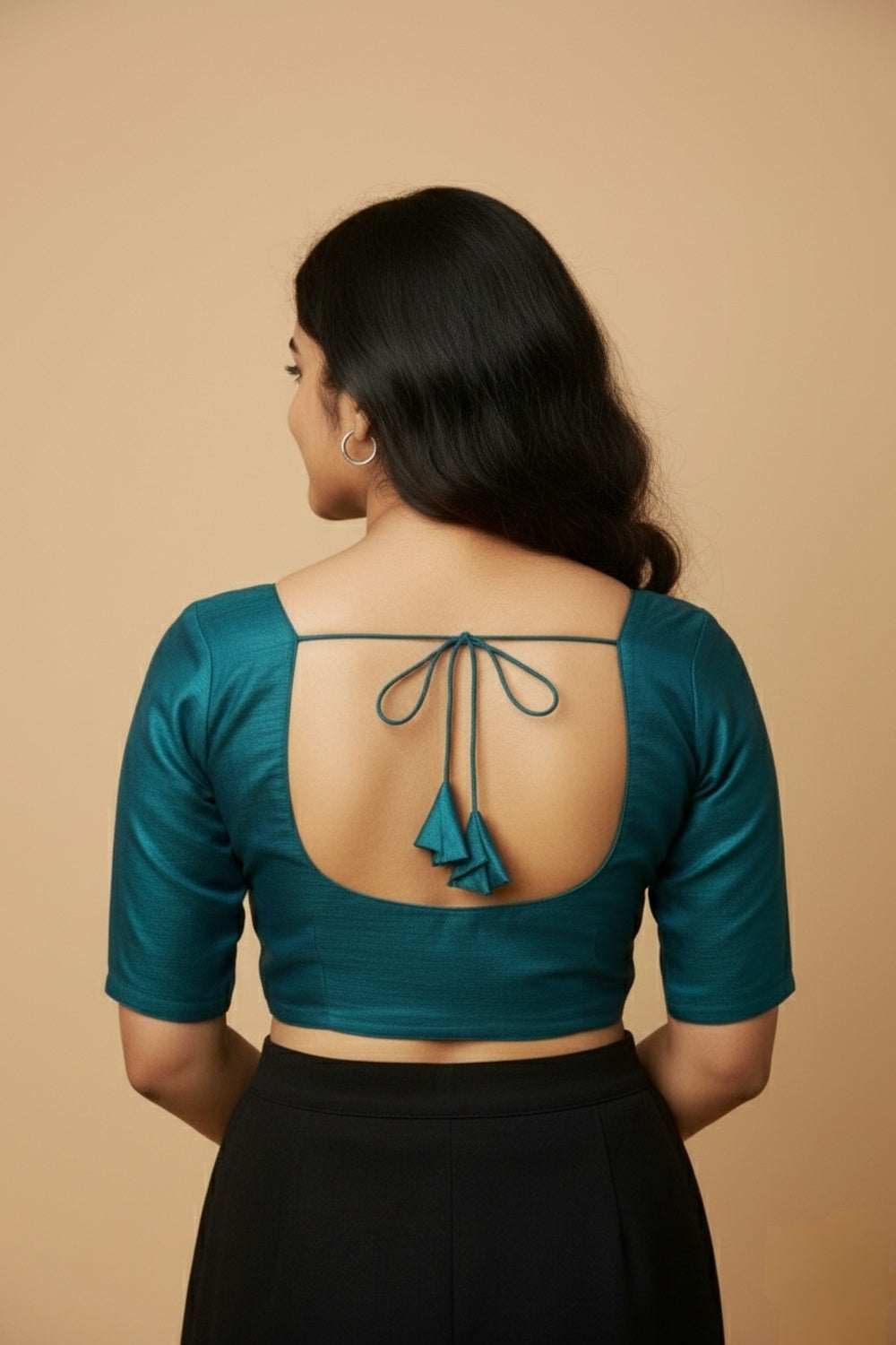 Women's Blouse Raw Silk Padded Front Open Round Neck Princess Cut Elbow Sleeve Saree Blouse with Round Back - Rama Green - R124