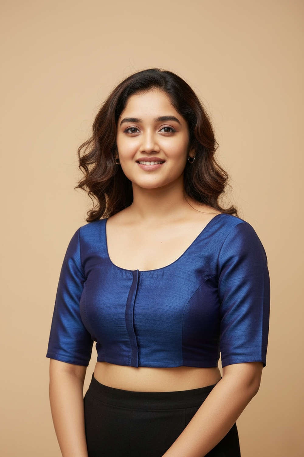 Women's Blouse Raw Silk Padded Front Open Round Neck Princess Cut Elbow Sleeve Saree Blouse with Round Back - Rama Blue - R124