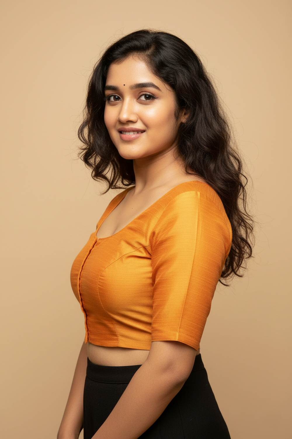 Women's Blouse Raw Silk Padded Front Open Round Neck Princess Cut Elbow Sleeve Saree Blouse with Round Back - Mustard - R124