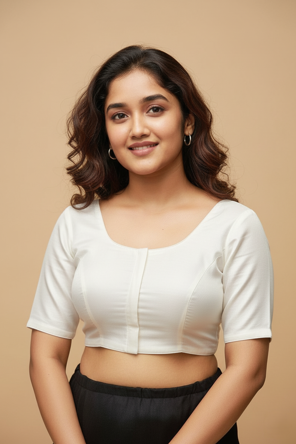 Women's Blouse Raw Silk Padded Front Open Round Neck Princess Cut Elbow Sleeve Saree Blouse with Round Back - Off White - R124