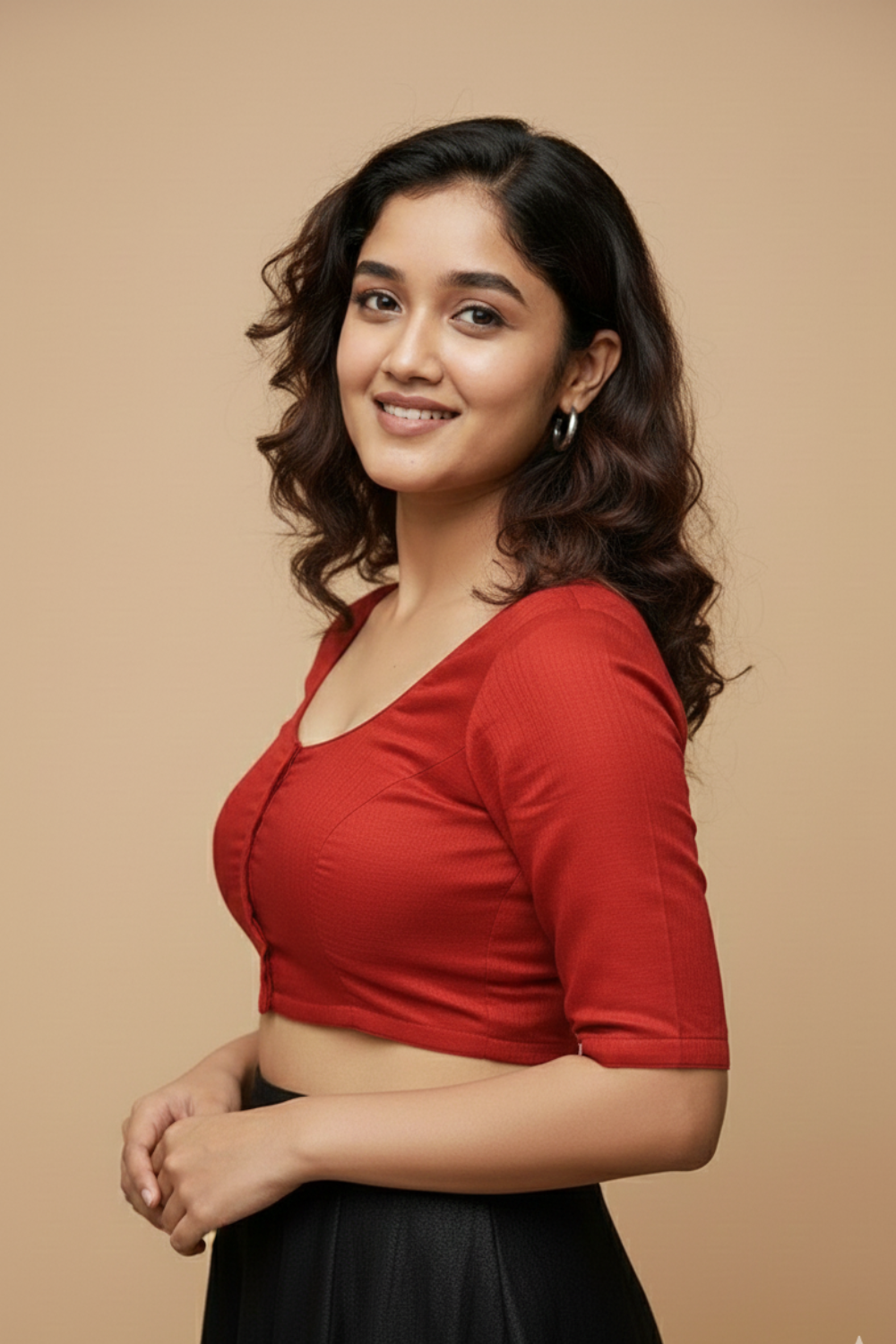 Women’s Blouse Raw Silk Padded Front Open Round Neck Princess Cut Elbow Sleeve Saree Blouse with Round Back - Red - R124