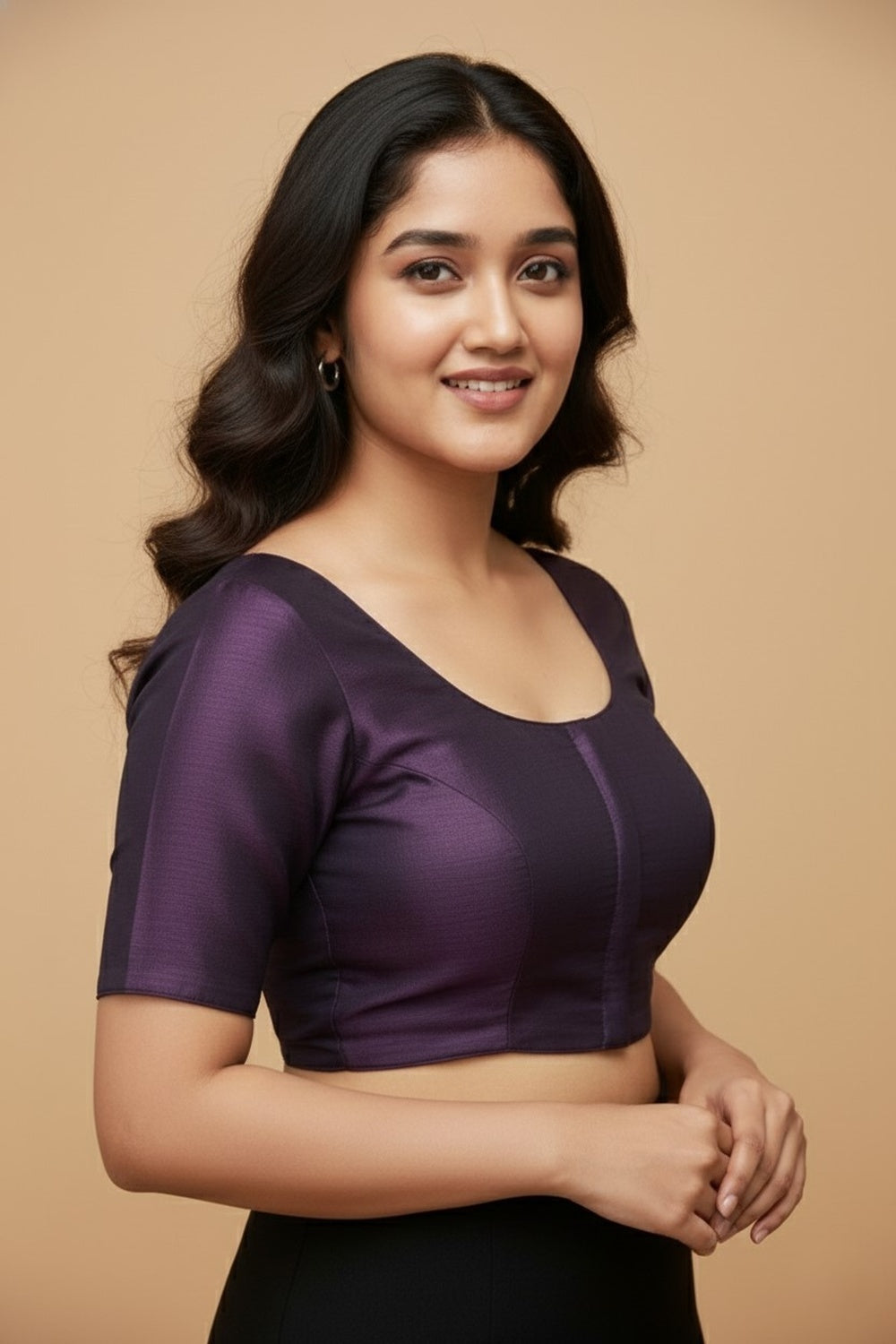 Women's Blouse Raw Silk Padded Front Open Round Neck Princess Cut Elbow Sleeve Saree Blouse with Round Back - Wine - R124