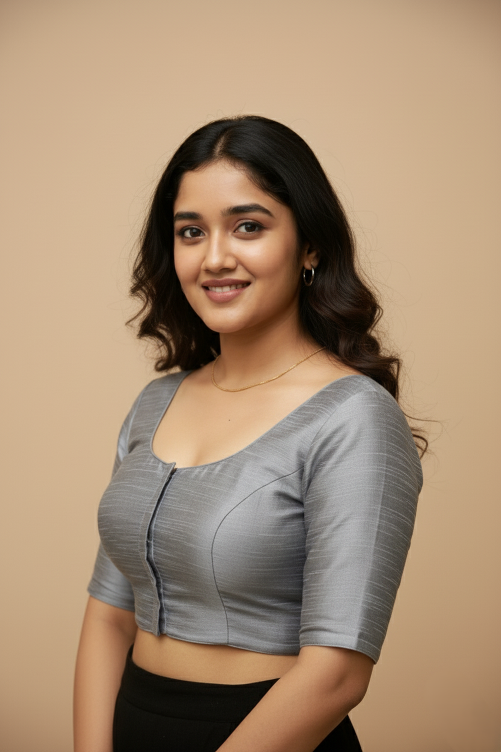 Women's Blouse Raw Silk Padded Front Open Round Neck Princess Cut Elbow Sleeve Saree Blouse with Round Back - Grey - R124