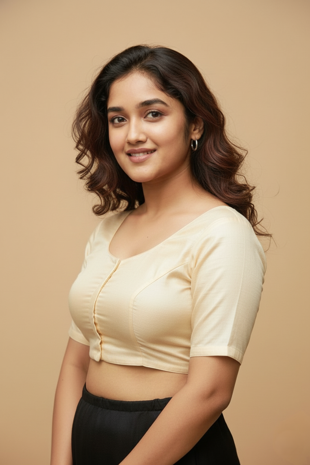 Women's Blouse Raw Silk Padded Front Open Round Neck Princess Cut Elbow Sleeve Saree Blouse with Round Back - Cream - R124