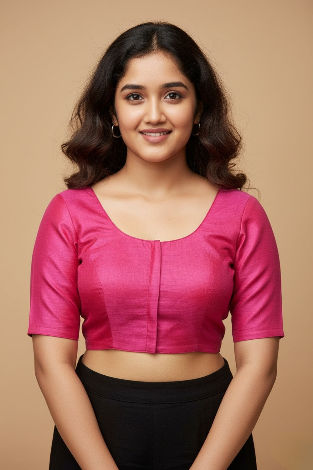 Women's Blouse Raw Silk Padded Front Open Round Neck Princess Cut Elbow Sleeve Saree Blouse with Round Back - Rani - R124