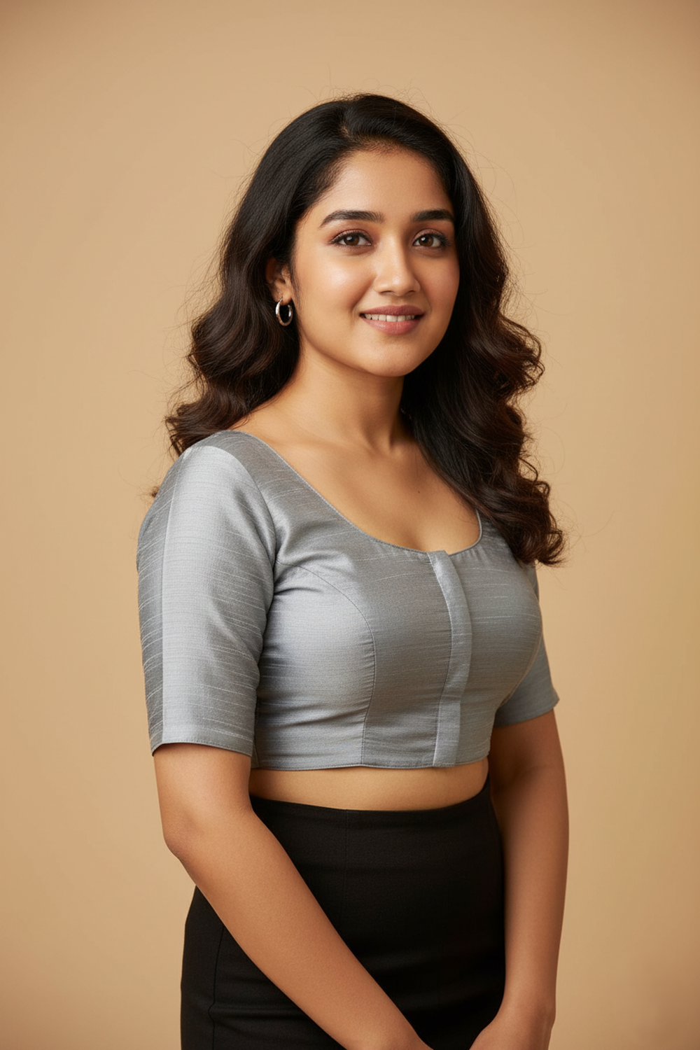 Women's Blouse Raw Silk Padded Front Open Round Neck Princess Cut Elbow Sleeve Saree Blouse with Round Back - Grey - R124