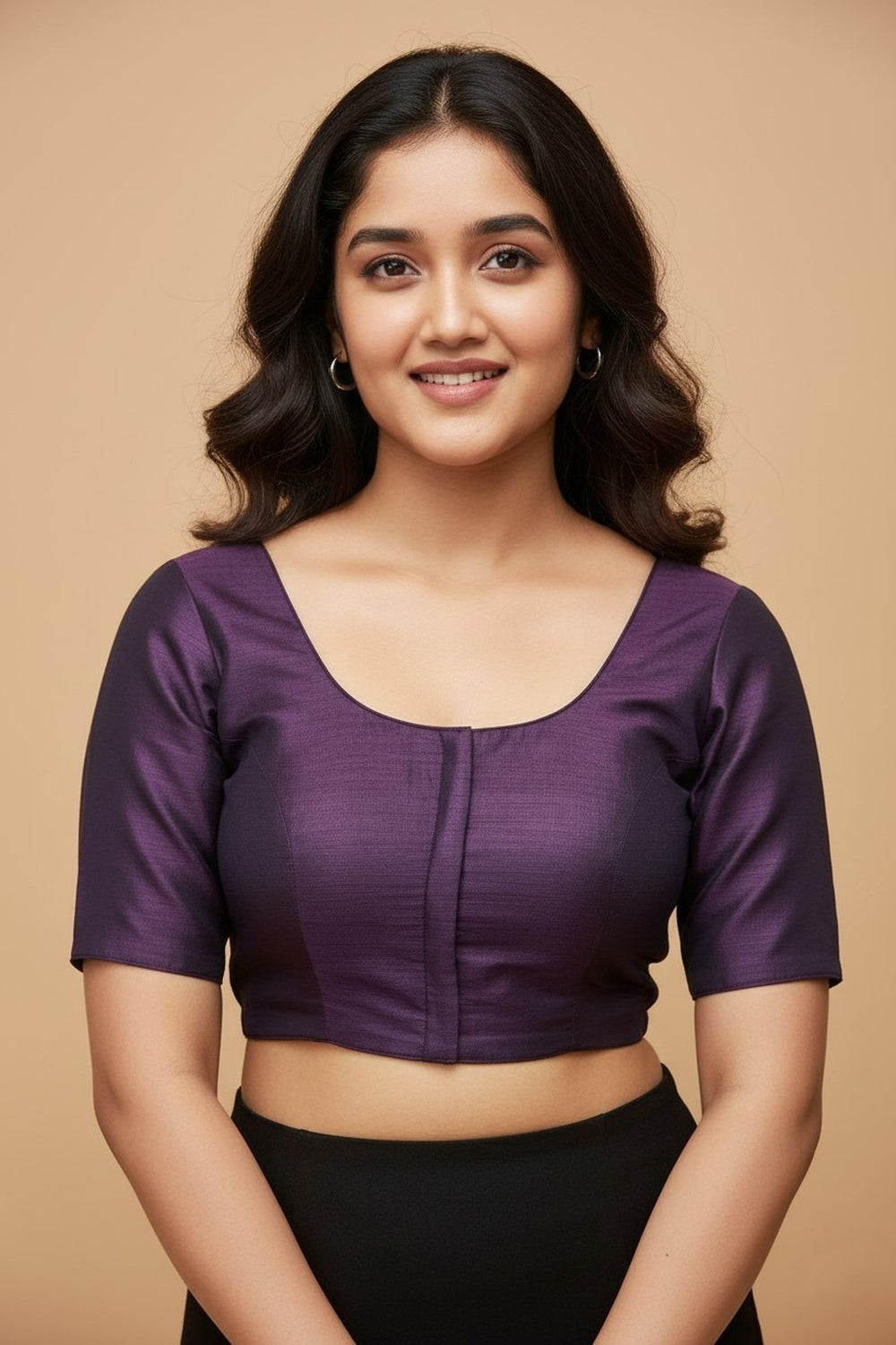 Women's Blouse Raw Silk Padded Front Open Round Neck Princess Cut Elbow Sleeve Saree Blouse with Round Back - Wine - R124