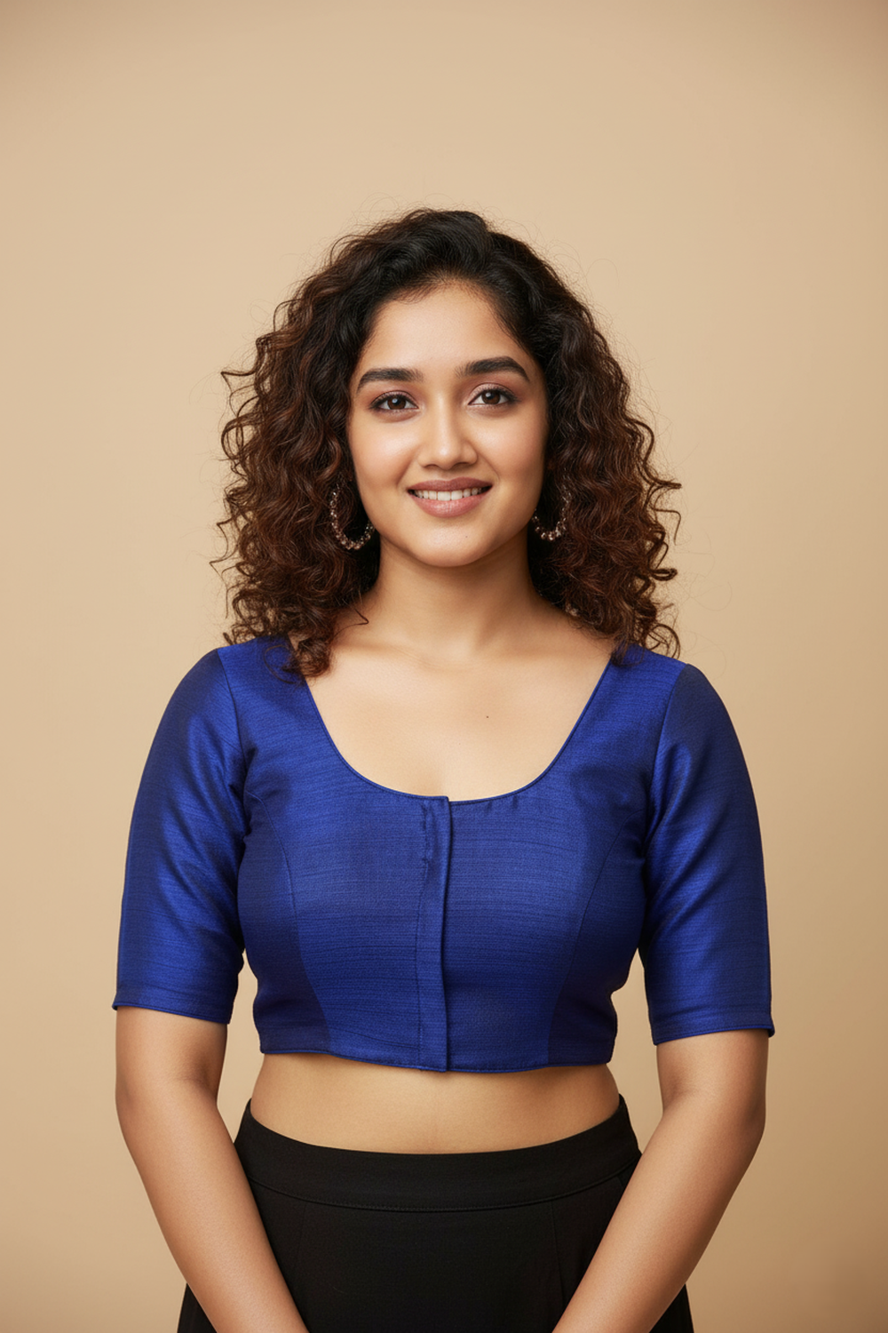 Women's Blouse Raw Silk Padded Front Open Round Neck Princess Cut Elbow Sleeve Saree Blouse with Round Back - Royal Blue - R124