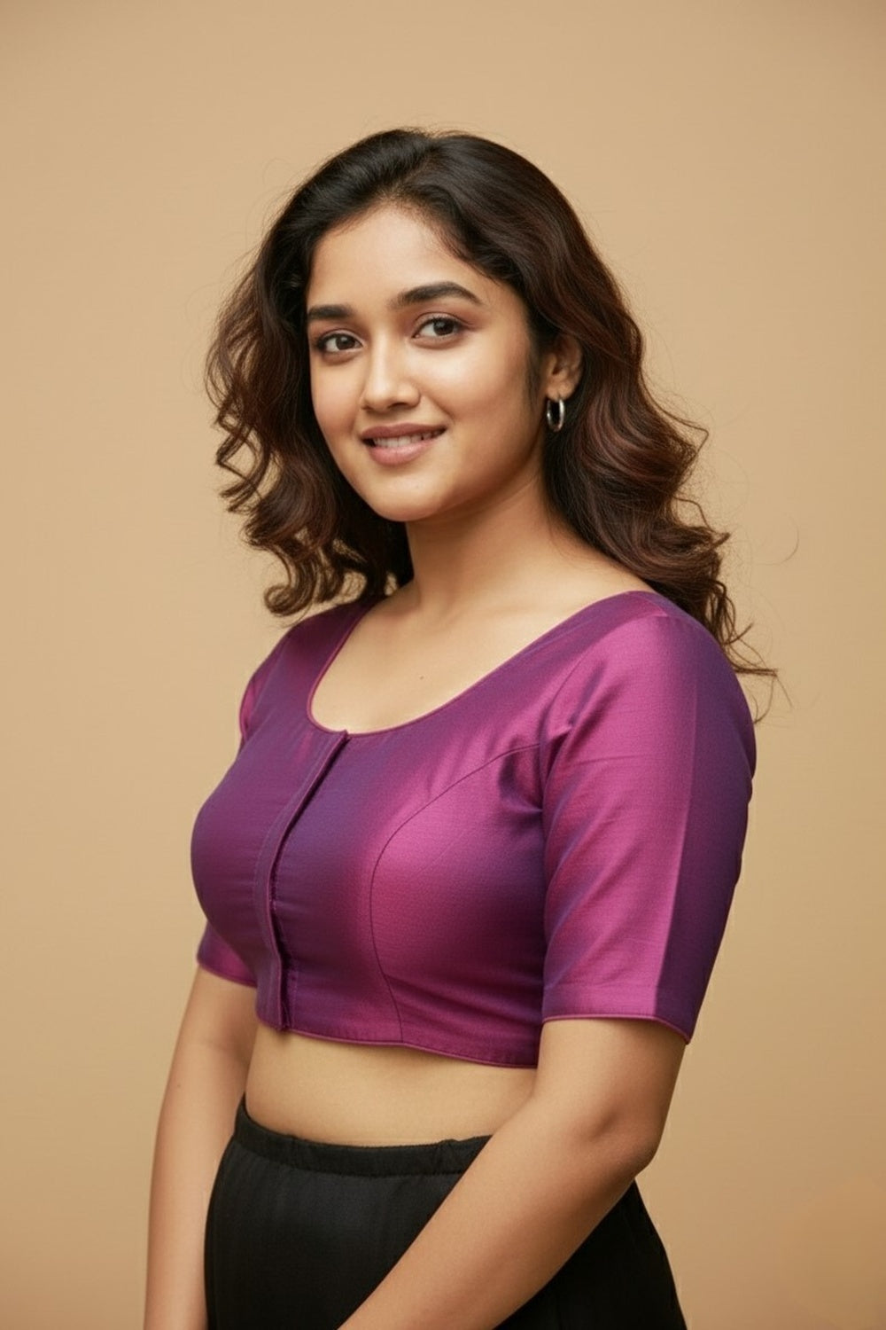 Women's Blouse Raw Silk Padded Front Open Round Neck Princess Cut Elbow Sleeve Saree Blouse with Round Back - Dark Pink - R124