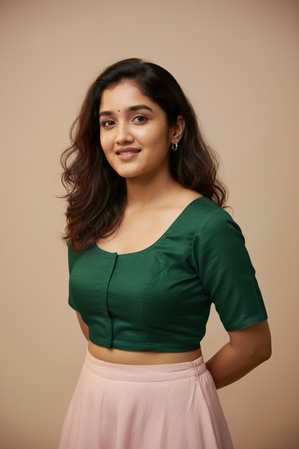 Women's Blouse Raw Silk Padded Front Open Round Neck Princess Cut Elbow Sleeve Saree Blouse with Round Back - Bottle Green - R124