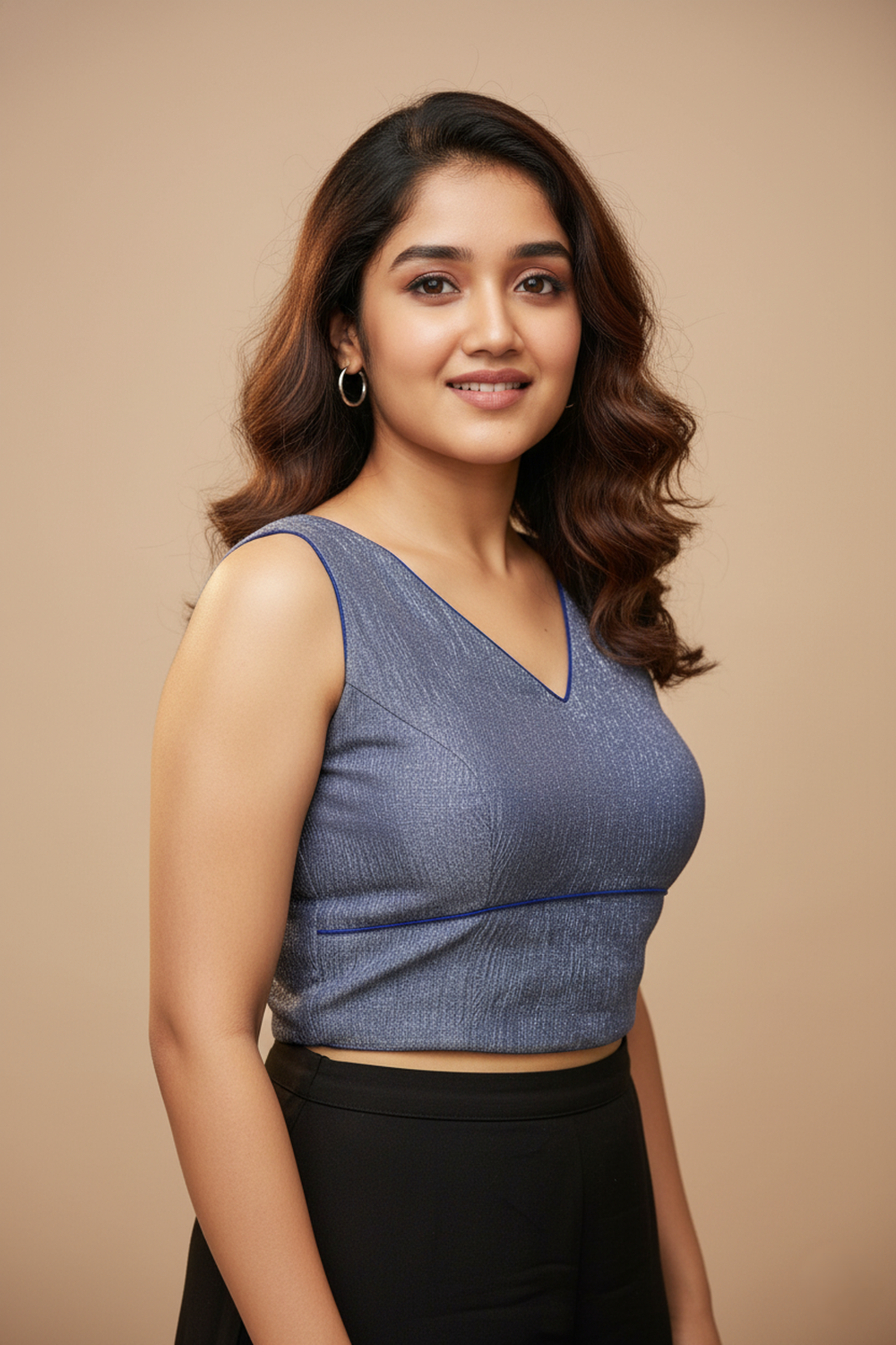 Women's Blouse Silk Blend Organza Padded Back Open V Neck Princess Cut Sleeveless Saree Blouse with Attachable Sleeves - Royal Blue - 1638