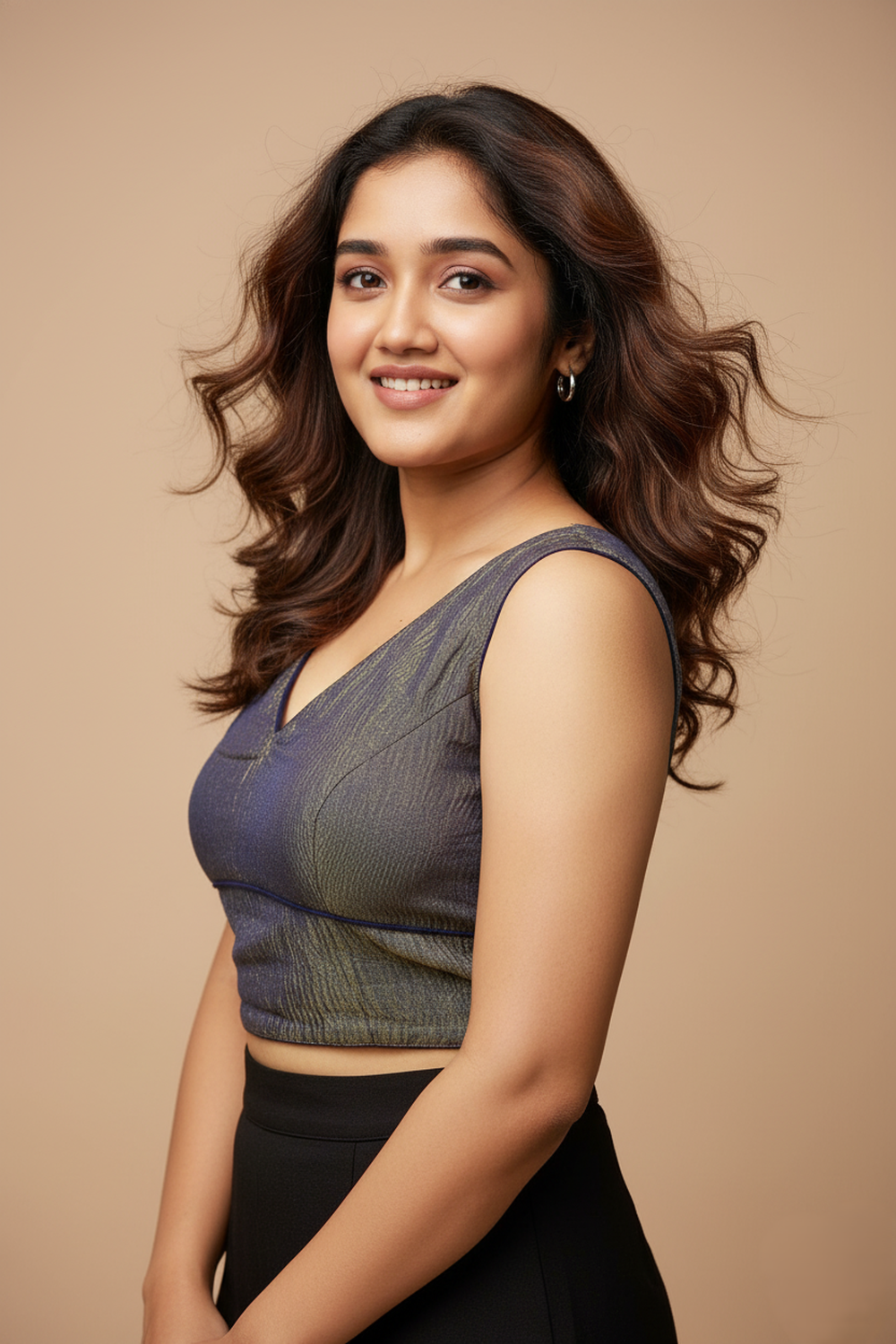 Women's Blouse Silk Blend Organza Padded Back Open V Neck Princess Cut Sleeveless Saree Blouse with Attachable Sleeves - Navy Blue - 1638