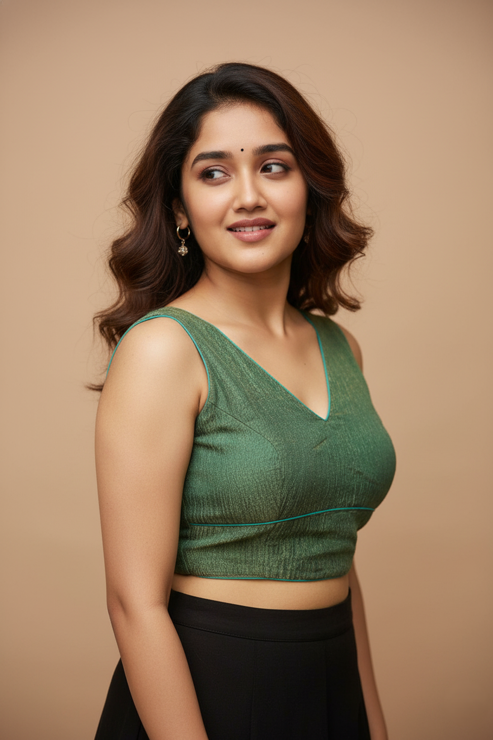 Women's Blouse Silk Blend Organza Padded Back Open V Neck Princess Cut Sleeveless Saree Blouse with Attachable Sleeves - Green - 1638