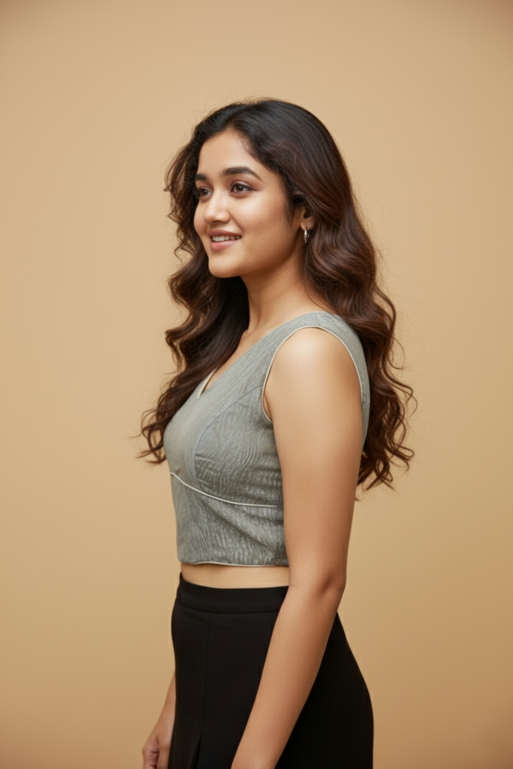 Women's Blouse Silk Blend Organza Padded Back Open V Neck Princess Cut Sleeveless Saree Blouse with Attachable Sleeves - Beige - 1638