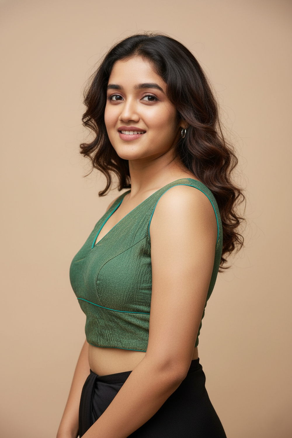 Women's Blouse Silk Blend Organza Padded Back Open V Neck Princess Cut Sleeveless Saree Blouse with Attachable Sleeves - Green - 1638