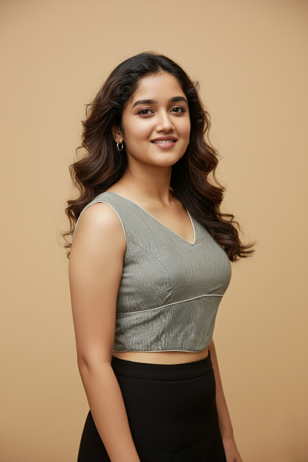 Women's Blouse Silk Blend Organza Padded Back Open V Neck Princess Cut Sleeveless Saree Blouse with Attachable Sleeves - Beige - 1638