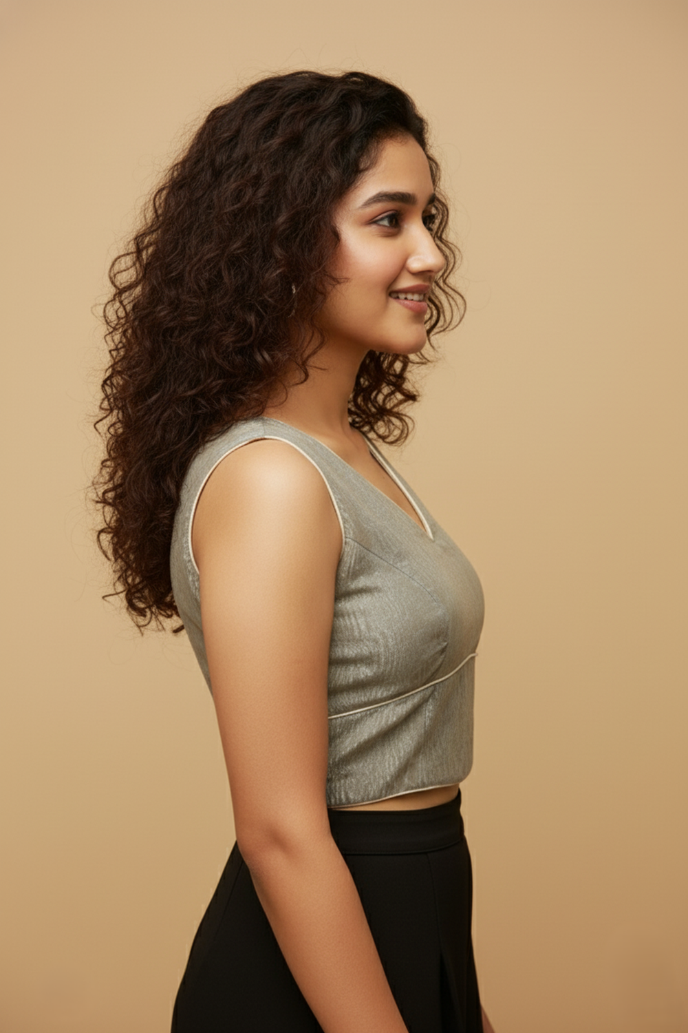 Women's Blouse Silk Blend Organza Padded Back Open V Neck Princess Cut Sleeveless Saree Blouse with Attachable Sleeves - Cream - 1638