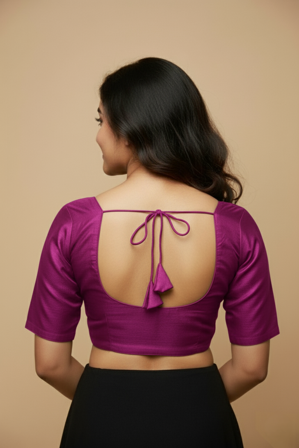 Women's Blouse Silk Blend Padded Front Open Round Neck Princess Cut Elbow Sleeve Solid Saree Blouse with Round Back - Rani - 4050