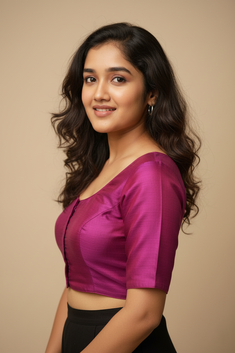 Women's Blouse Silk Blend Padded Front Open Round Neck Princess Cut Elbow Sleeve Solid Saree Blouse with Round Back - Rani - 4050