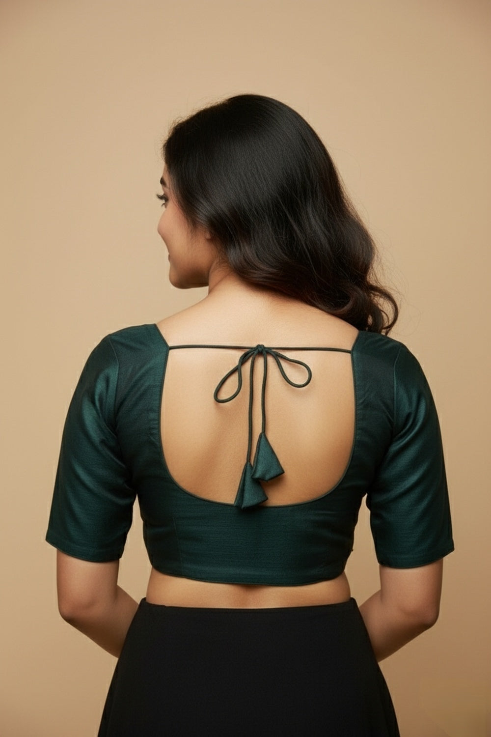 Women's Blouse Silk Blend Padded Front Open Round Neck Princess Cut Elbow Sleeve Solid Saree Blouse with Round Back - Bottle Green - 4050