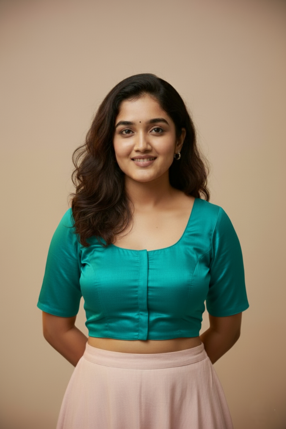 Women's Blouse Silk Blend Padded Front Open Round Neck Princess Cut Elbow Sleeve Solid Saree Blouse with Round Back - Rama Green - 4050