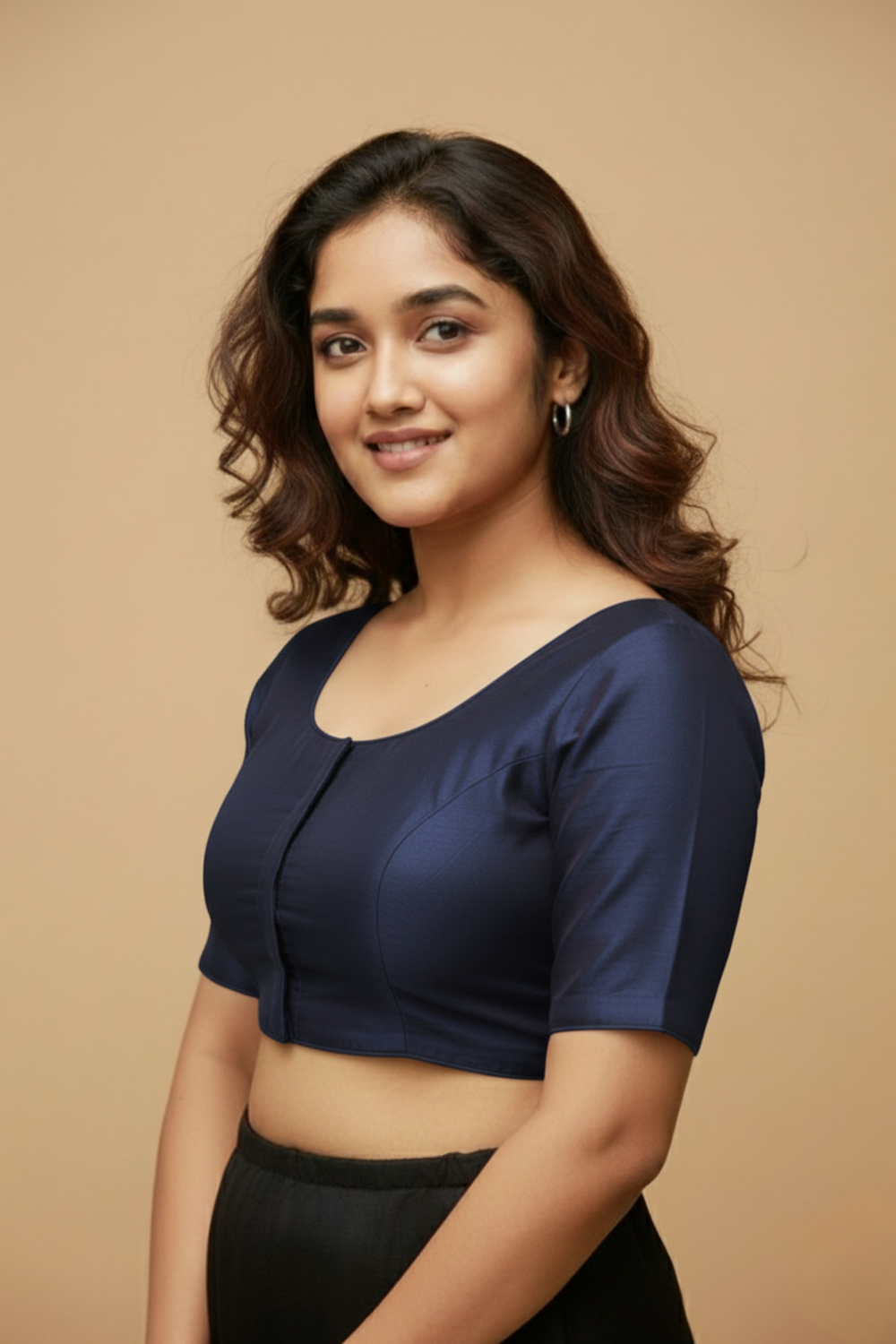 Women's Blouse Silk Blend Padded Front Open Round Neck Princess Cut Elbow Sleeve Solid Saree Blouse with Round Back - Navy Blue - 4050