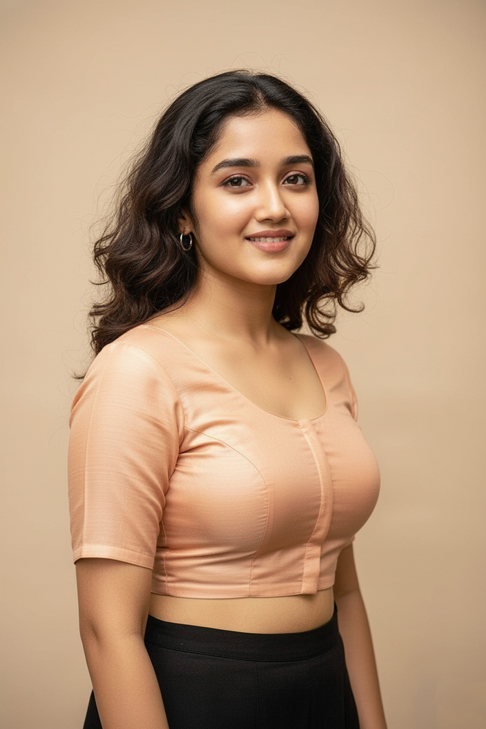 Women's Blouse Silk Blend Padded Front Open Round Neck Princess Cut Elbow Sleeve Shimmer Saree Blouse - Peach - 1633