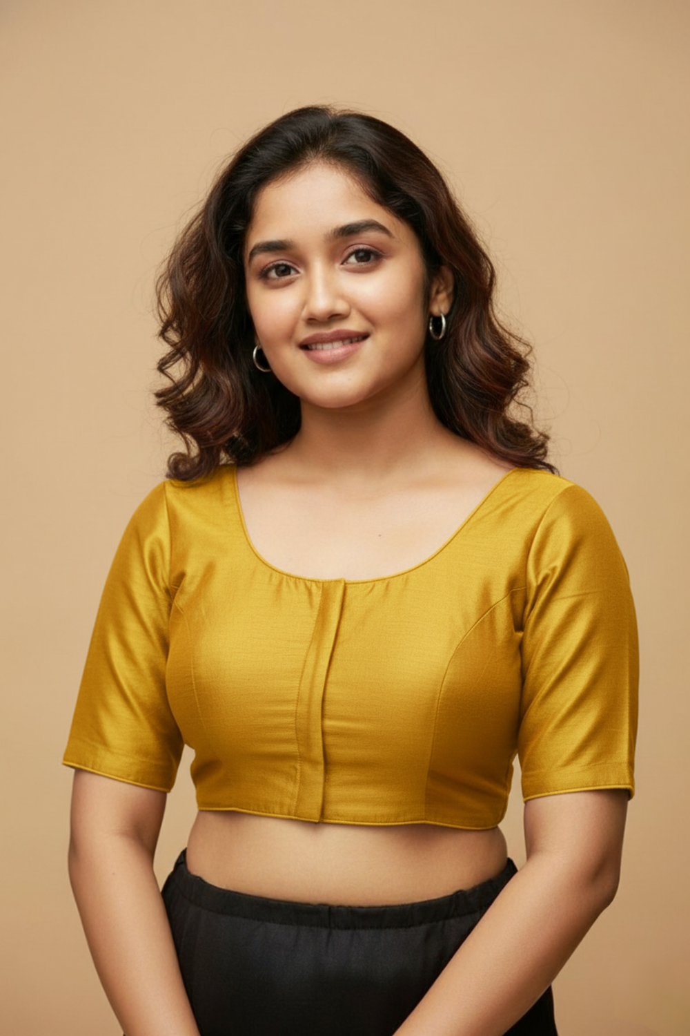 Women's Blouse Silk Blend Padded Front Open Round Neck Princess Cut Elbow Sleeve Solid Saree Blouse with Round Back - Mustard - 4050