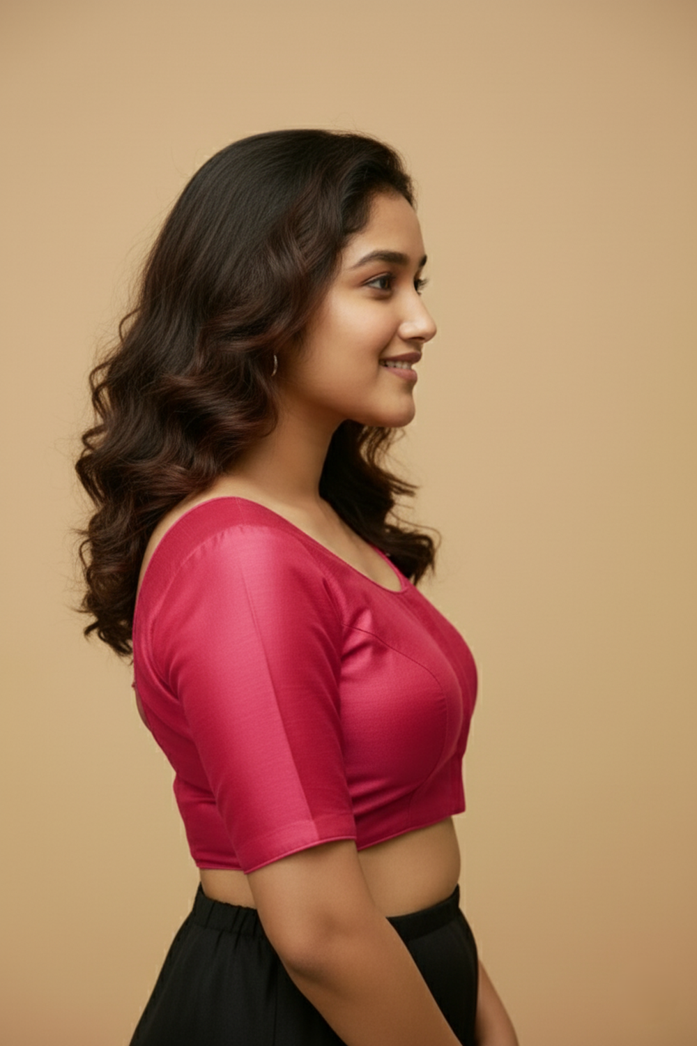 Women's Blouse Silk Blend Padded Front Open Round Neck Princess Cut Elbow Sleeve Solid Saree Blouse with Round Back - Pink - 4050