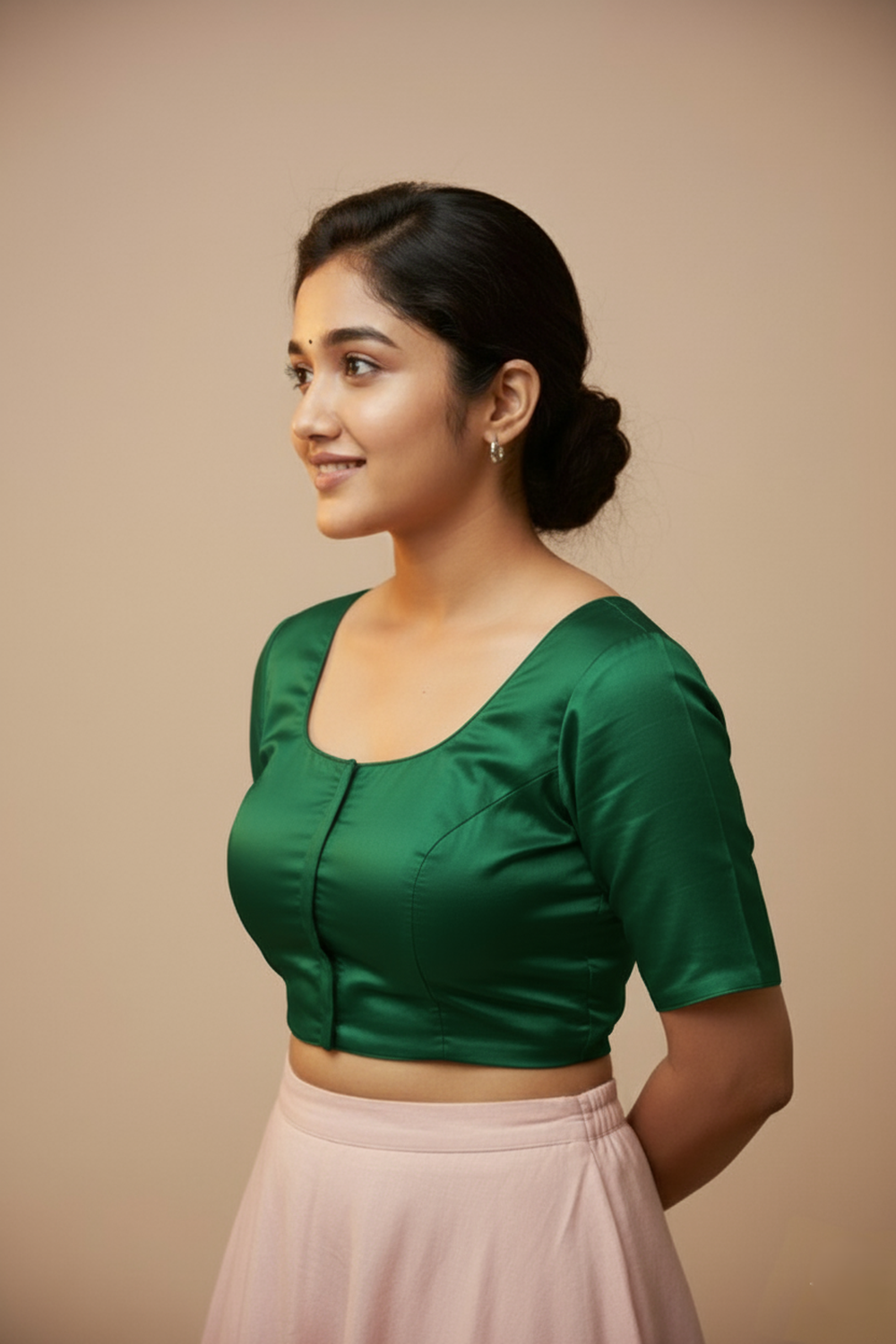 Women's Blouse Silk Blend Padded Front Open Round Neck Princess Cut Elbow Sleeve Solid Saree Blouse with Round Back - Green - 4050