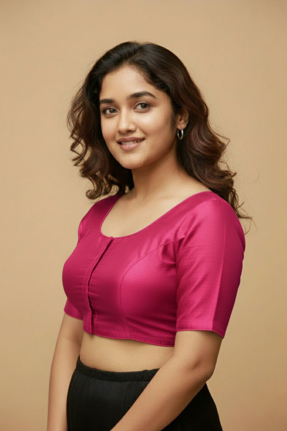 Women's Blouse Silk Blend Padded Front Open Round Neck Princess Cut Elbow Sleeve Solid Saree Blouse with Round Back - Pink - 4050