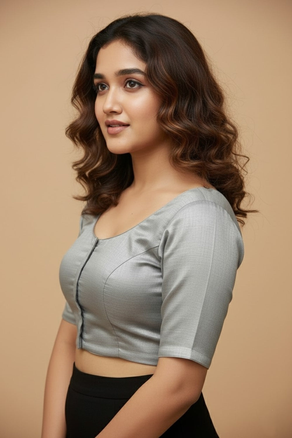 Women's Blouse Silk Blend Padded Front Open Round Neck Princess Cut Elbow Sleeve Shimmer Saree Blouse - Grey - 1633