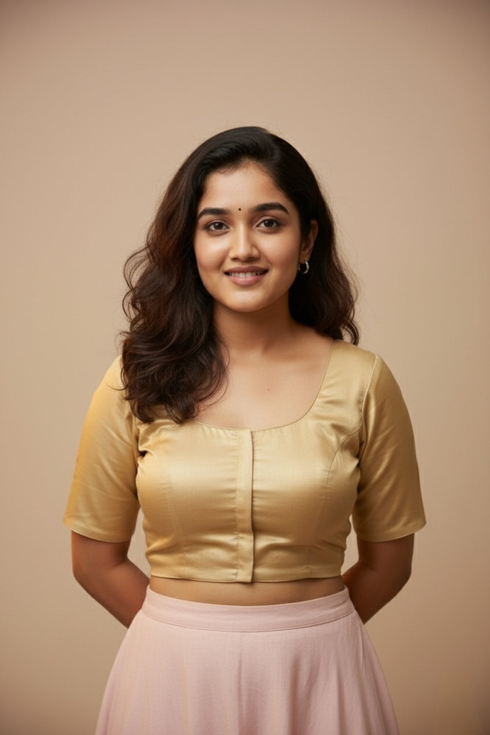 Women's Blouse Silk Blend Padded Front Open Round Neck Princess Cut Elbow Sleeve Solid Saree Blouse with Round Back - Gold - 4050