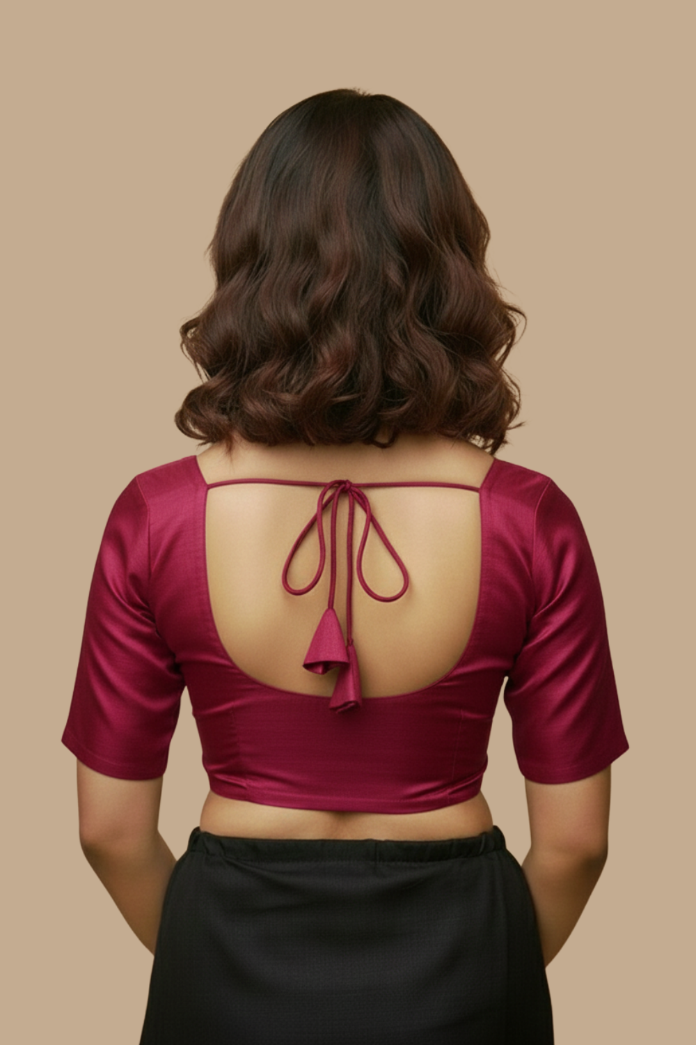 Women's Blouse Silk Blend Padded Front Open Round Neck Princess Cut Elbow Sleeve Solid Saree Blouse with Round Back - Fuschia - 4050