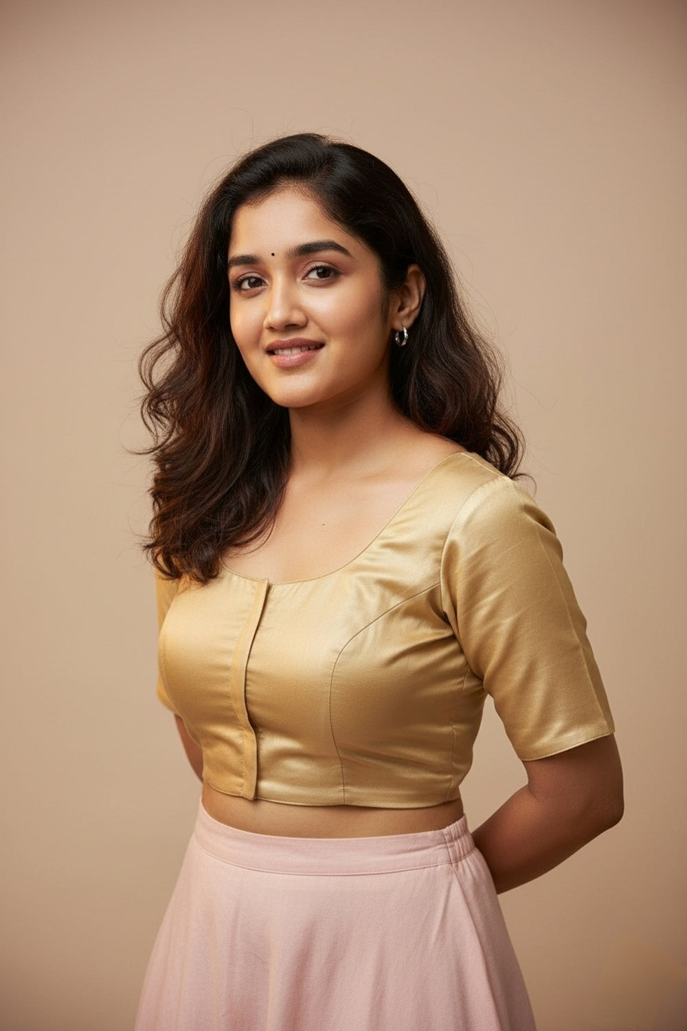 Women's Blouse Silk Blend Padded Front Open Round Neck Princess Cut Elbow Sleeve Solid Saree Blouse with Round Back - Gold - 4050